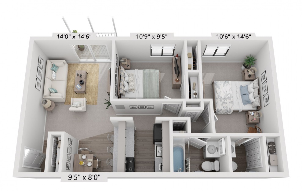 Bexley - 2 bedroom floorplan layout with 1.5 bath and 750 square feet.