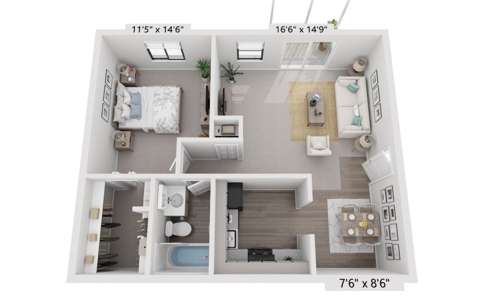 Camden - 1 bedroom floorplan layout with 1 bathroom and 646 square feet