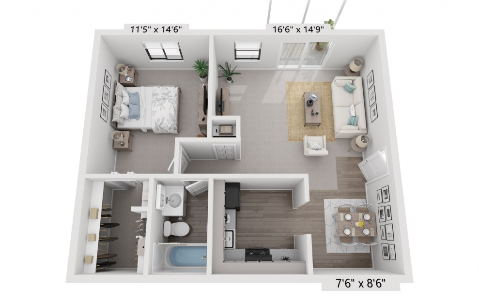 Camden - 1 bedroom floorplan layout with 1 bath and 646 square feet.