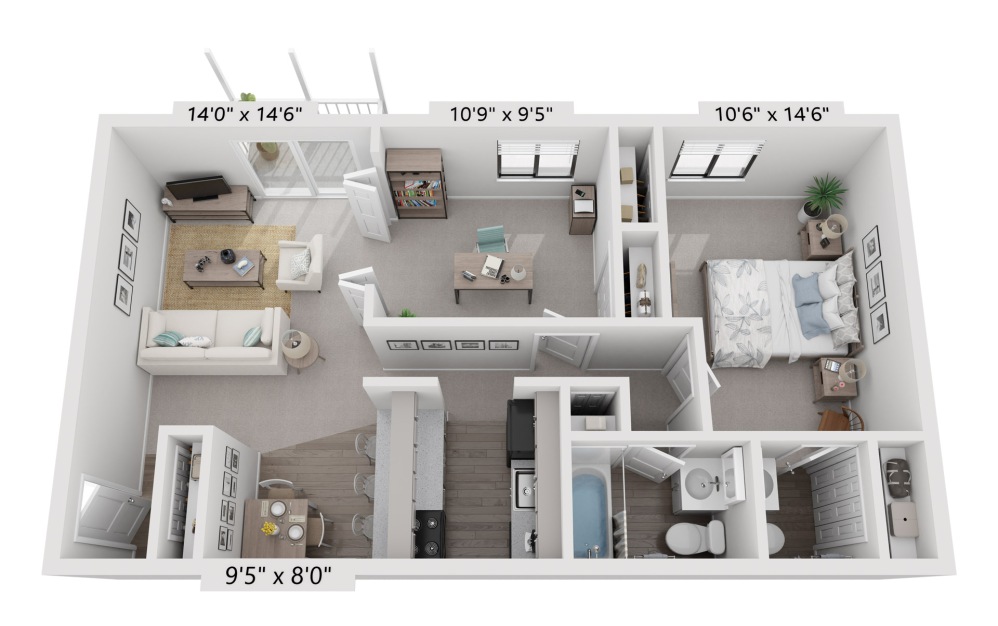 Darlington - 1 bedroom floorplan layout with 1.5 bathroom and 750 square feet