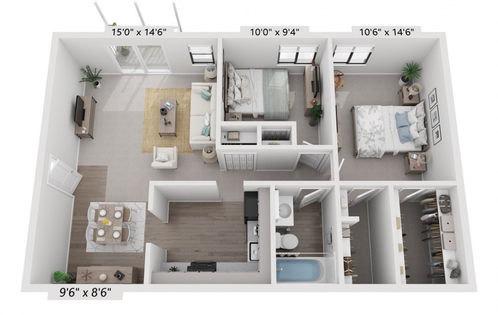 Kensington - 2 bedroom floorplan layout with 1 bath and 825 square feet.