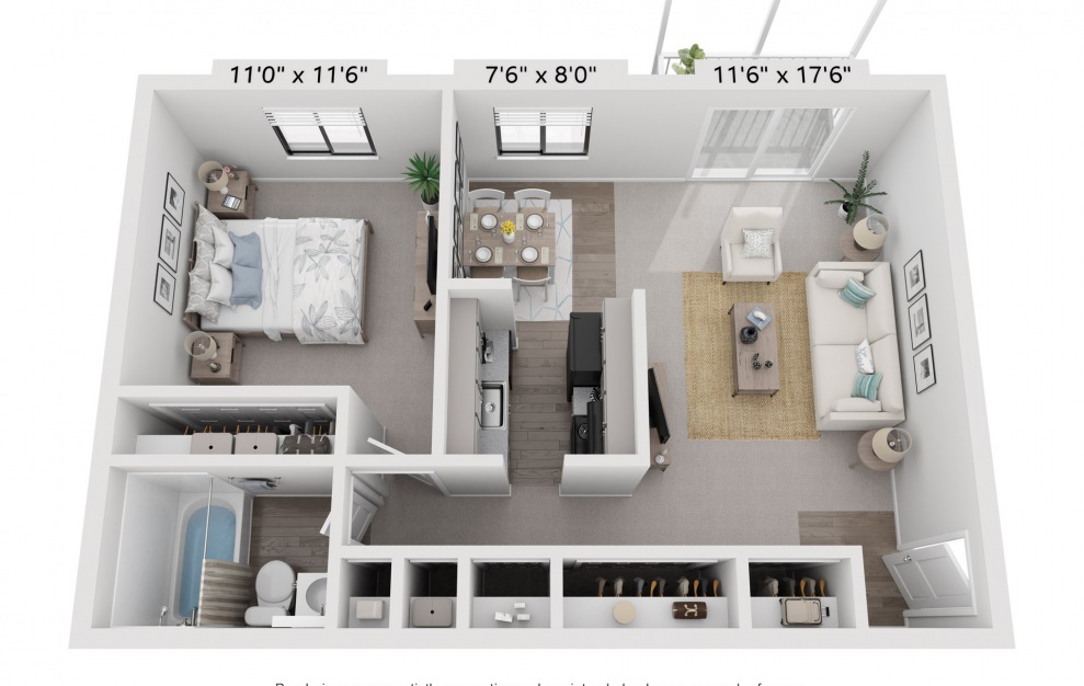 Sheffield - 1 bedroom floorplan layout with 1 bath and 600 square feet.